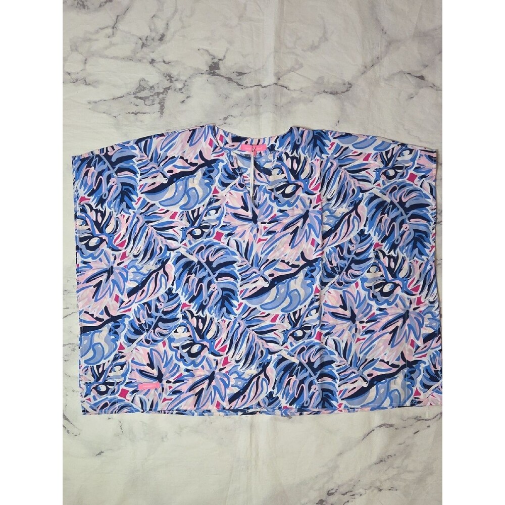 Simply Southern Drape Poncho Blouse In Blue/Pink Leaf Print